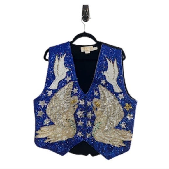 Savvy Women Vest Size XL Blue Sequin Festive Holiday Angel  Beads Christmas 80s - Picture 1 of 14